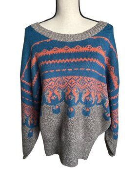 Monroe & Main Sweater Vickie Aztec Fair Isle Pullover Teal Orange Gray Size XL